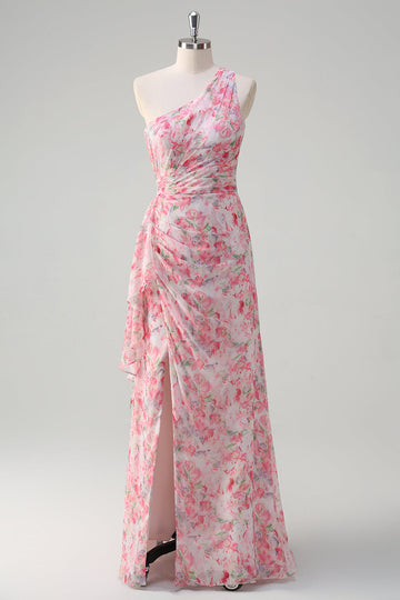 Pink Floral One Shoulder Long Prom Kjole Med Slids